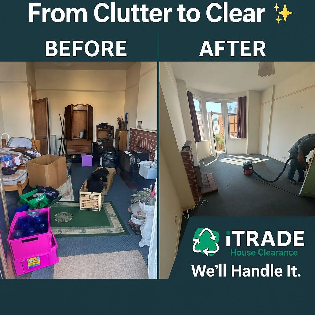 Before-and-after comparison showing a room with stored contents and the cleared room being vacuumed