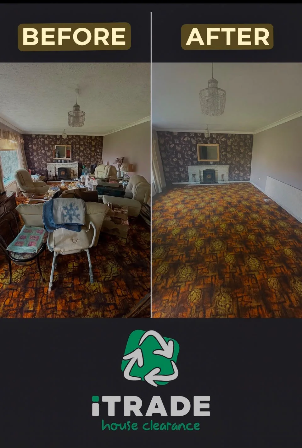 Before-and-after comparison showing movable contents removed from a lounge