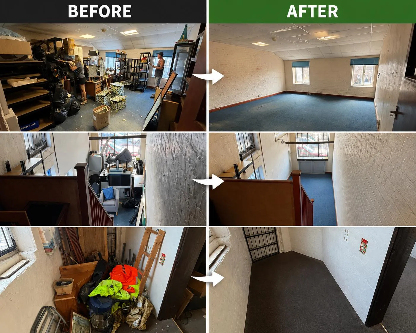 Office, stairwell and landing before and after iTrade removed furniture and stored items