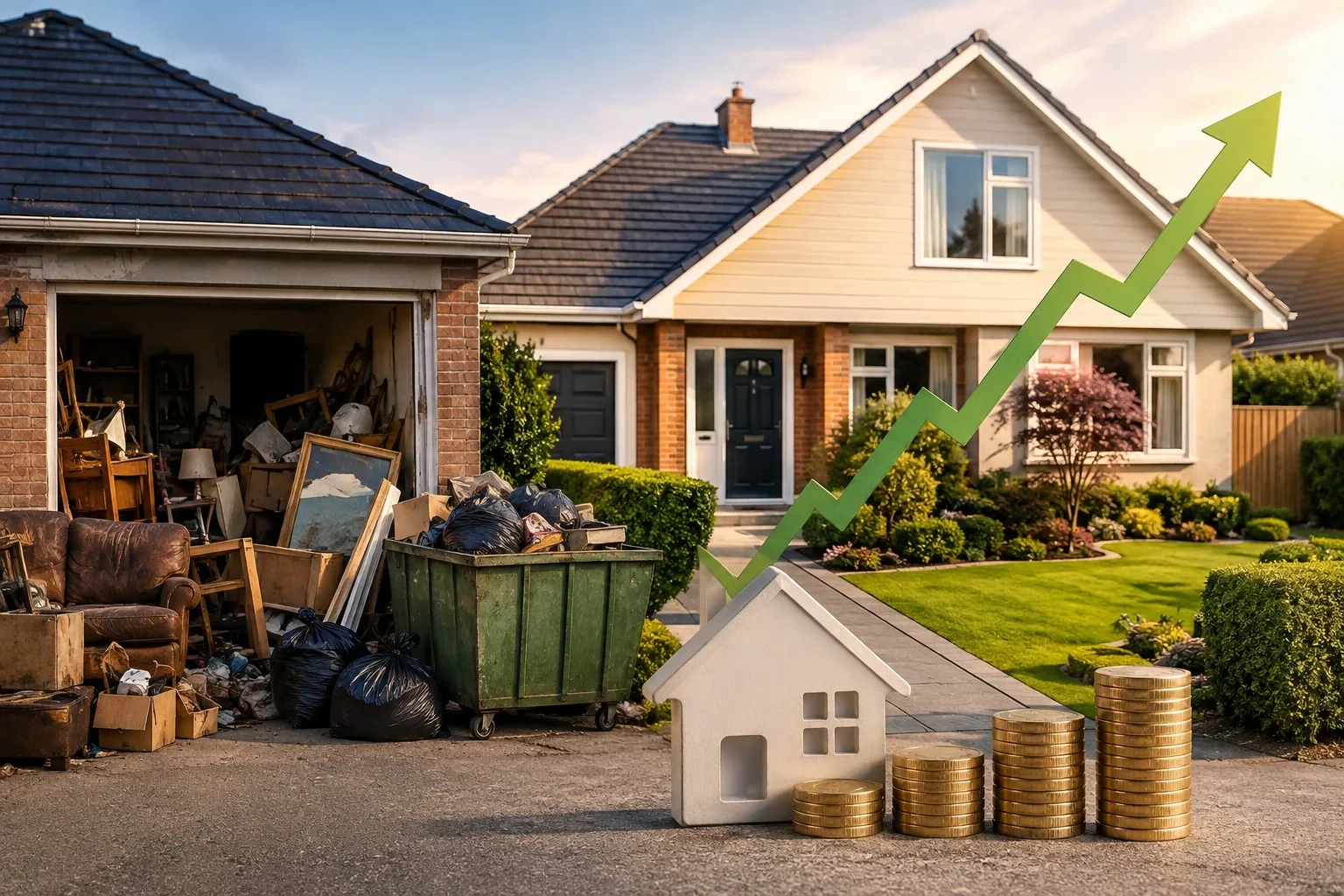 House with a cluttered garage beside an upward arrow and model home, illustrating property presentation after clearance