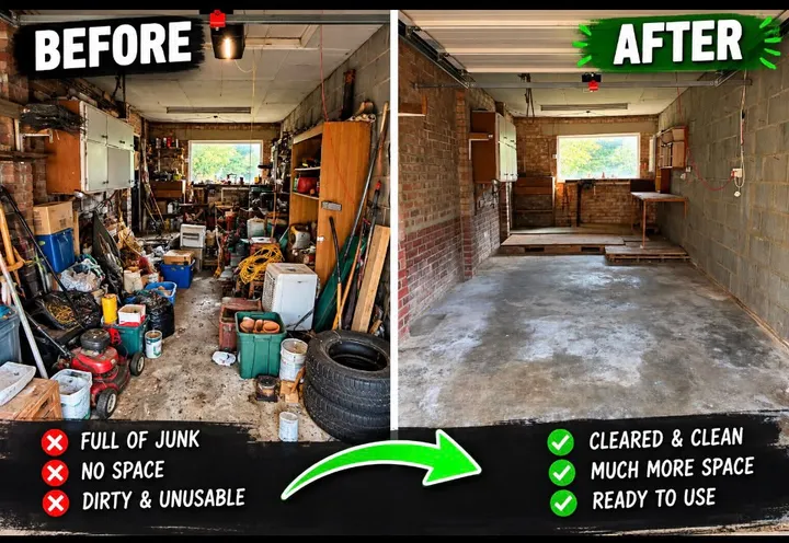 Before-and-after garage clearance showing stored contents removed and floor space opened up